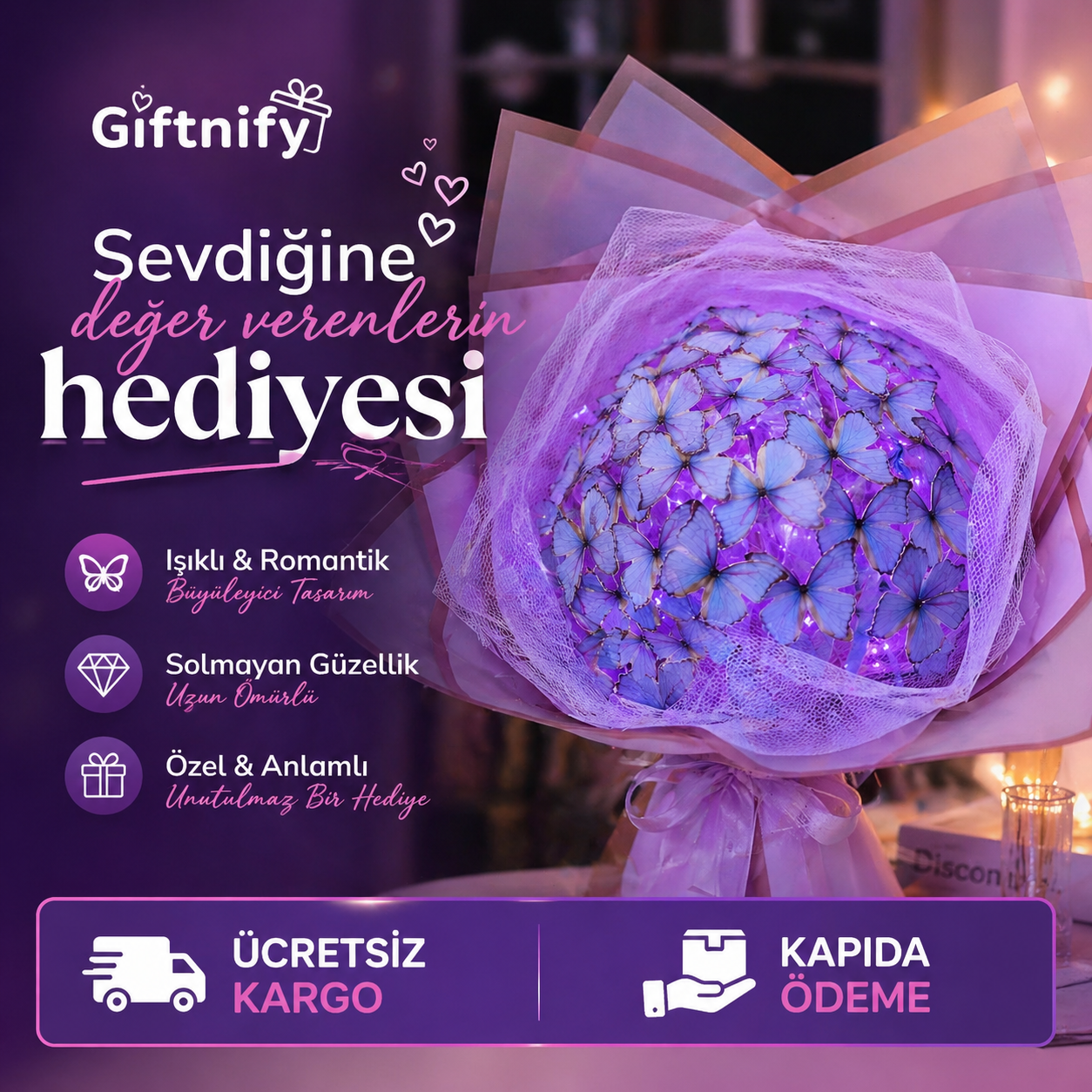 LED Işıklı Kelebek Buket – Sevgiliye Romantik Hediye, Işıklı Çiçek Buketi, Doğum Günü & Özel Gün Hediyesi