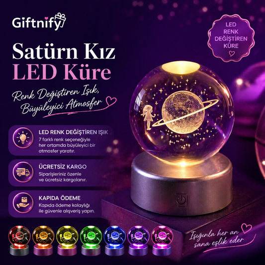 Satürn Kız LED Küre – Renk Değiştiren Gece Lambası, Sevgiliye Hediye, Dekoratif Işıklı Küre