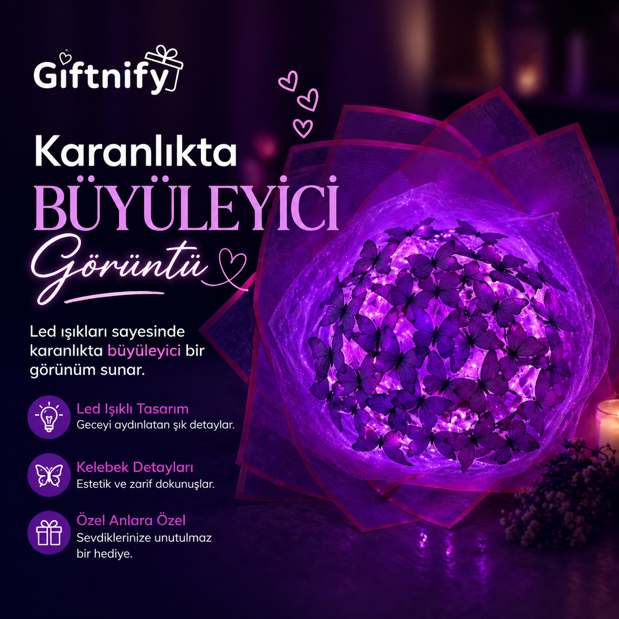LED Işıklı Kelebek Buket – Sevgiliye Romantik Hediye, Işıklı Çiçek Buketi, Doğum Günü & Özel Gün Hediyesi