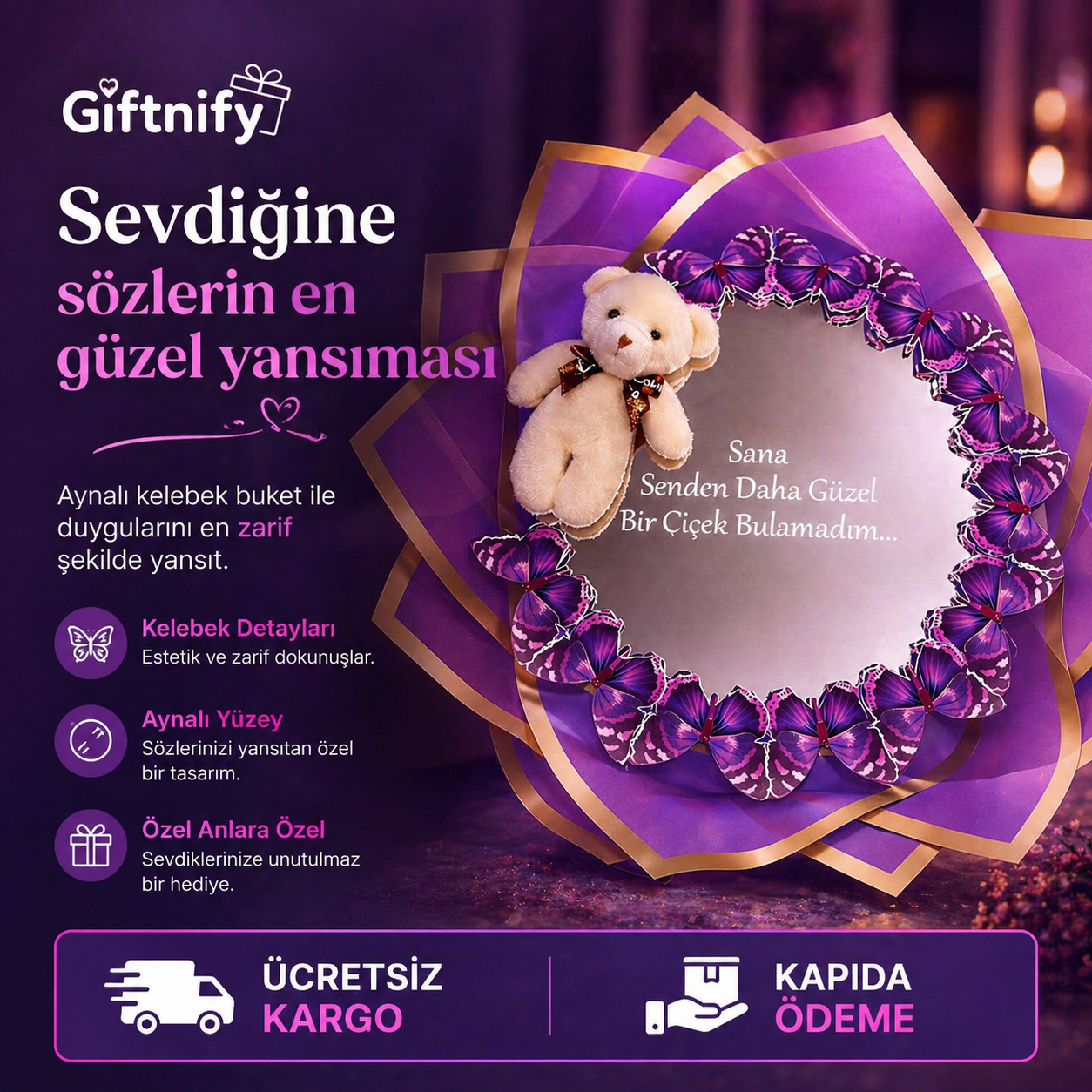 Aynalı Işıklı Kelebek Buket – Sevgiliye Özel Hediye, LED Ayna Buket, Romantik Sürpriz Hediyesi