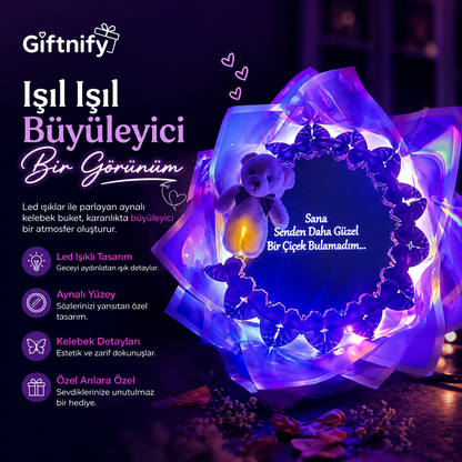 Aynalı Işıklı Kelebek Buket – Sevgiliye Özel Hediye, LED Ayna Buket, Romantik Sürpriz Hediyesi
